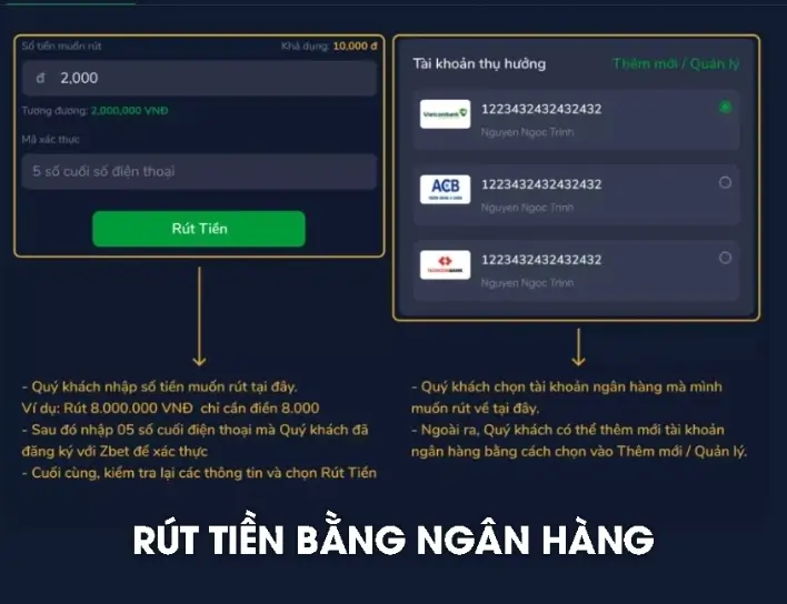 Rút tiền Zbet qua thẻ ngân hàng